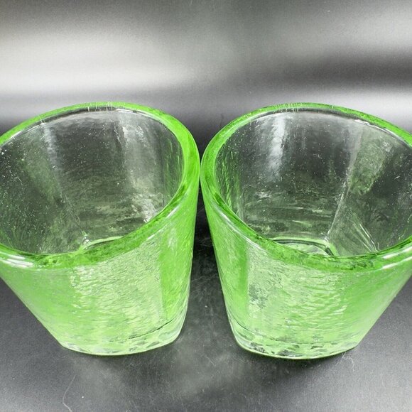 Fire & Light Green Recycled Glass Tumbler On the Rocks Square Signed Set 2 - Picture 12 of 16